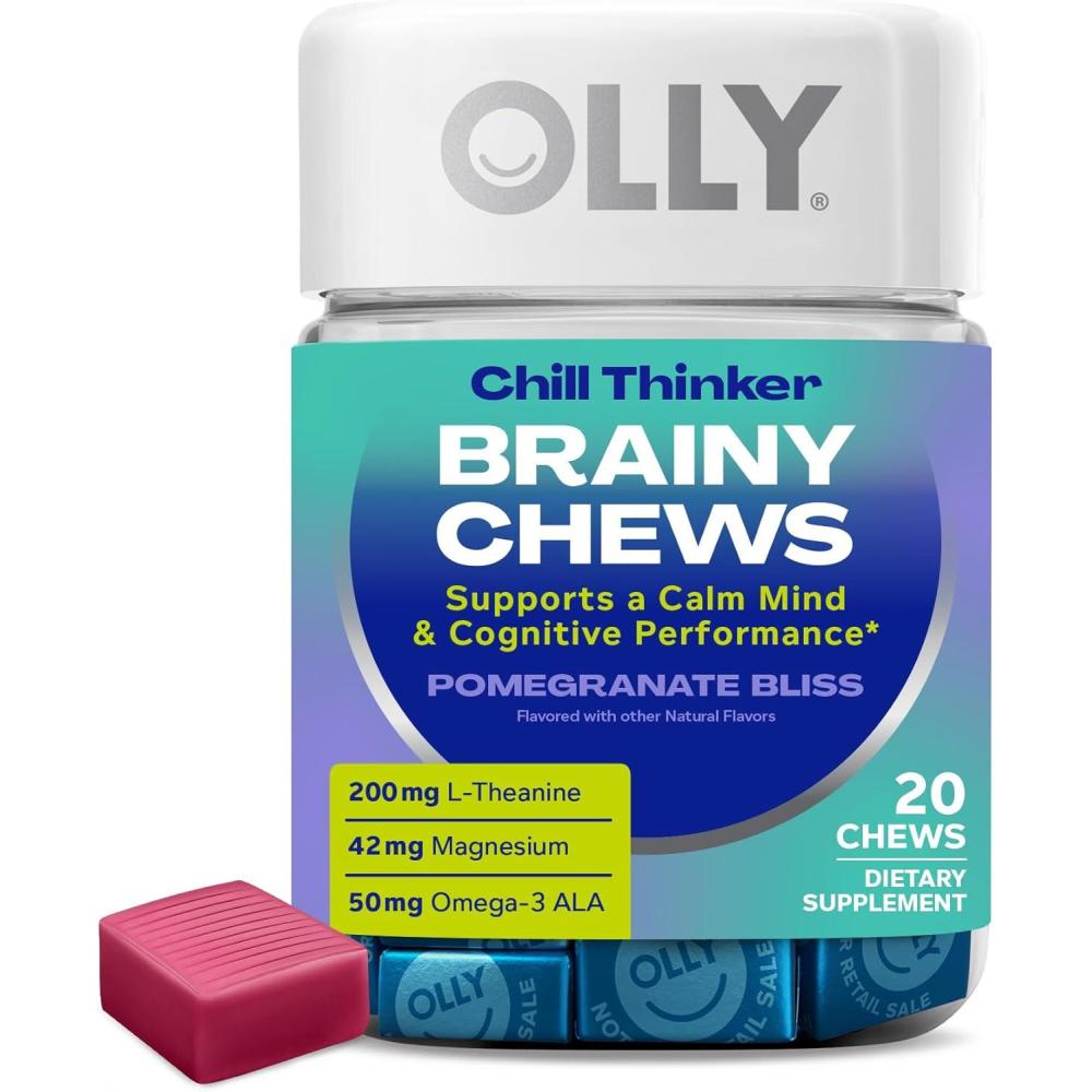 imageOLLY Chill Thinker Brainy Chews Plus LTheanine Magnesium ampamp Omega3 for a Relaxed State of Mind Pomegranate Blueberry Flavor 20 Count