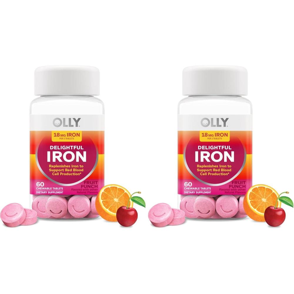 imageOLLY Delightful Iron Chewable Tablet Iron Supplement from AB Fortis Fruit Punch Flavor 30 or 20 Day Supply  60 Count60 Count Pack of 2