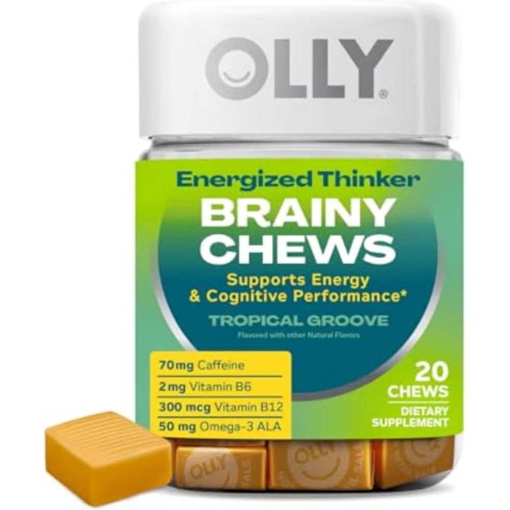 imageOLLY Energized Thinker Brainy Chews 70mg of Caffeine Vitamin B12 ampamp Omega3 Energy Supplement Tropical Flavored Vegetarian 20 Count
