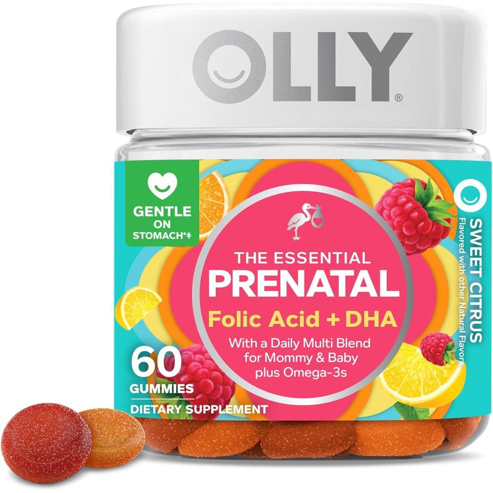 imageOLLY Essential Prenatal Gummy Multivitamin Folic Acid Vitamin D Omega 3 DHA Supports Healthy Growth and Brain Development Citrus Berry  84 Count60 Count Pack of 1