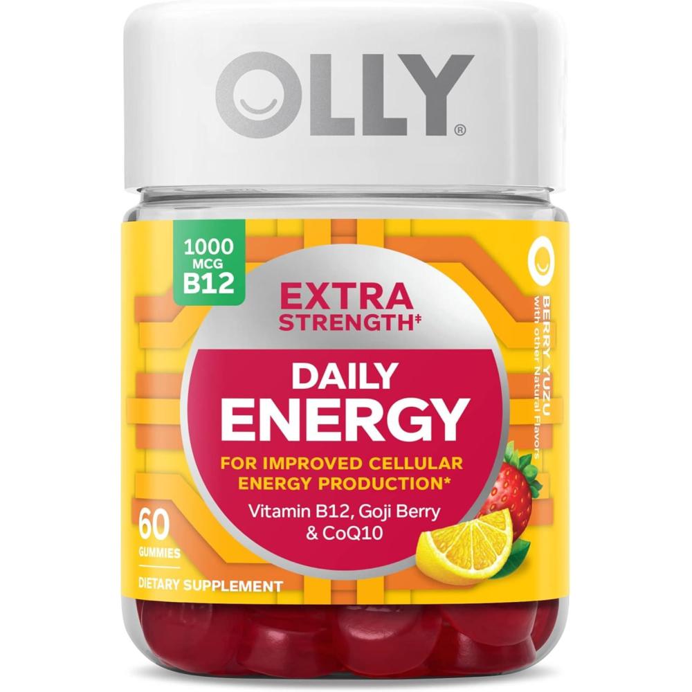 imageOLLY Extra Strength Daily Energy Gummy Caffeine Free 1000mcg Vitamin B12 CoQ10 Goji Berry Adult Chewable Supplement Berry Yuzu Flavor  60 CountExtra Strength