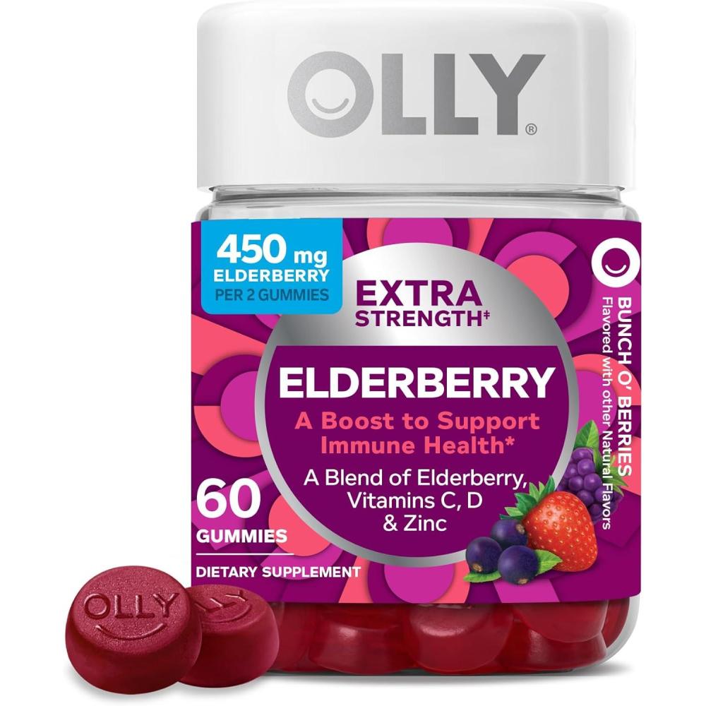 imageOLLY Extra Strength Elderberry Gummies Immune Support 450mg Elderberry Vitamin C D and Zinc Berry  60 CountNutritional Supplement