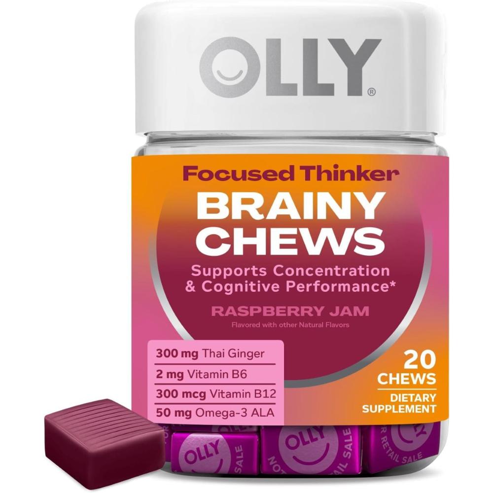 imageOLLY Focused Thinker Brainy Chews Omega3 ALA Vitamins B6 ampamp B12 Plus Thai Ginger Extract for Alertness Concentration ampamp Cognitive Performance Support Vegetarian Raspberry 20 Count