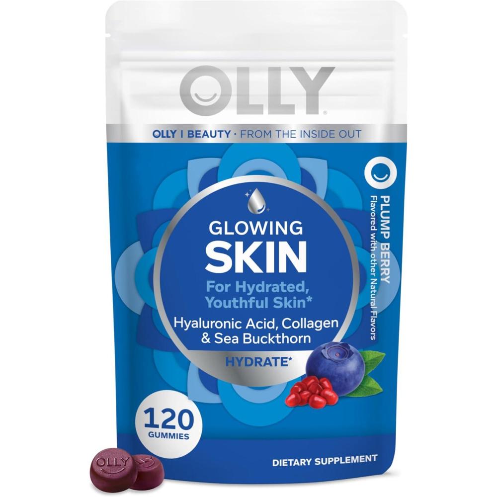 imageOLLY Glowing Skin Collagen Gummy Hydrated Youthful Skin Hyaluronic Acid Sea Buckthorn Chewable Supplement Berry 60 Day Supply  120 Count Pouch120 Count Pack of 1
