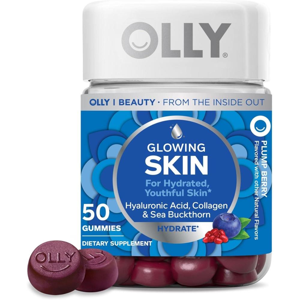 imageOLLY Glowing Skin Collagen Gummy Hydrated Youthful Skin Hyaluronic Acid Sea Buckthorn Chewable Supplement Berry 60 Day Supply  120 Count Pouch50 Count Pack of 1