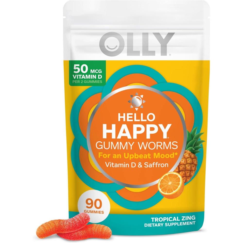 imageOLLY Hello Happy Gummy Worms Mood Balance Support Vitamin D Saffron Adult Chewable Supplement Tropical Zing  60 Count90 Count Pack of 1