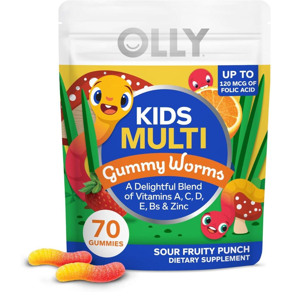 imageOLLY Kids Multivitamin Gummy Worms Overall Health and Immune Support Vitamins and Minerals A C D E Bs and Zinc Chewable Supplement Sour Fruit Punch 45 Day Supply  70 CountPouch