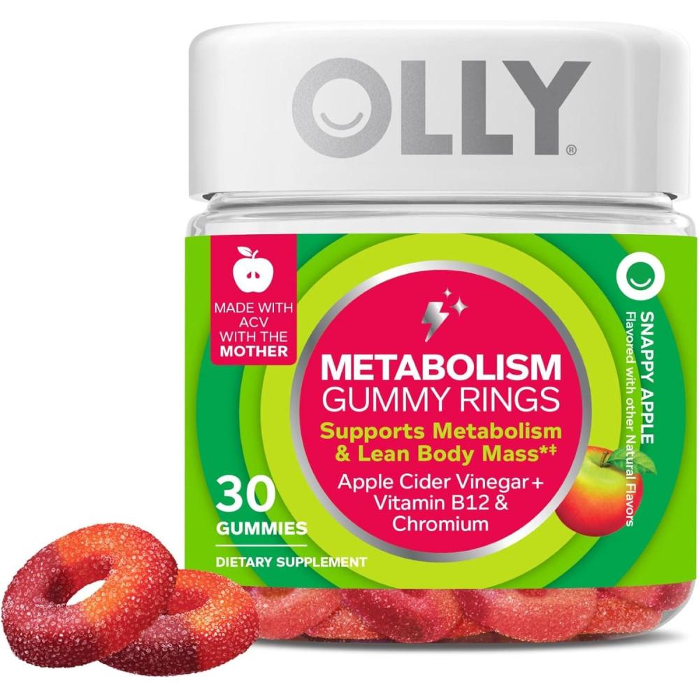 imageOLLY Metabolism Gummy Rings Apple Cider Vinegar Vitamin B12 Chromium Energy and Digestive Health Chewable Supplement Apple Flavor  30 Count30 Count Pack of 1