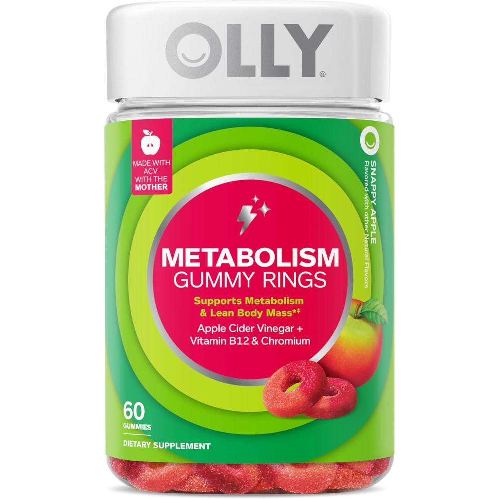 imageOLLY Metabolism Gummy Rings Apple Cider Vinegar Vitamin B12 Chromium Energy and Digestive Health Chewable Supplement Apple Flavor  30 Count60 Count Pack of 1