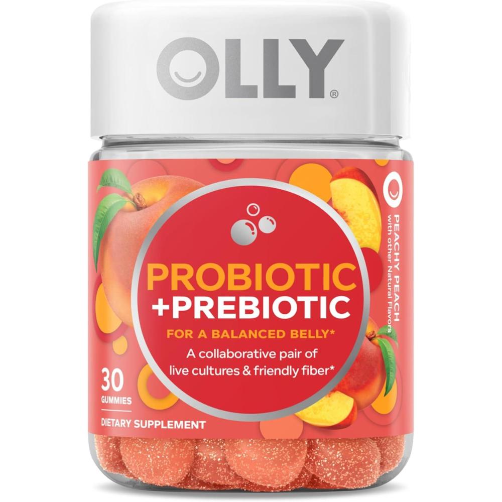 imageOLLY Probiotic  Prebiotic Gummy Digestive Support and Gut Health 500 Million CFUs Fiber Adult Chewable Supplement for Men and Women Peach 30 Day Supply  30 Count30 Count Pack of 1