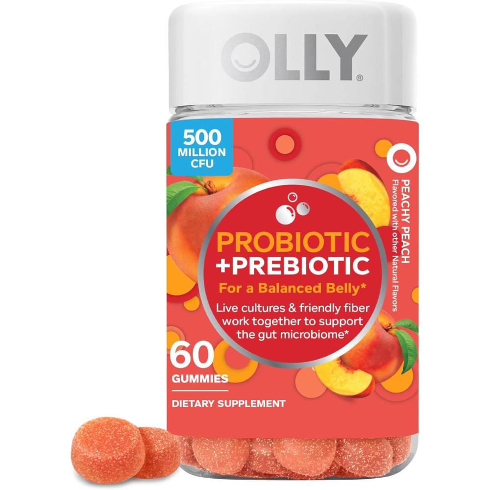 imageOLLY Probiotic  Prebiotic Gummy Digestive Support and Gut Health 500 Million CFUs Fiber Adult Chewable Supplement for Men and Women Peach 60 Day Supply  60 Count60 Count Pack of 1