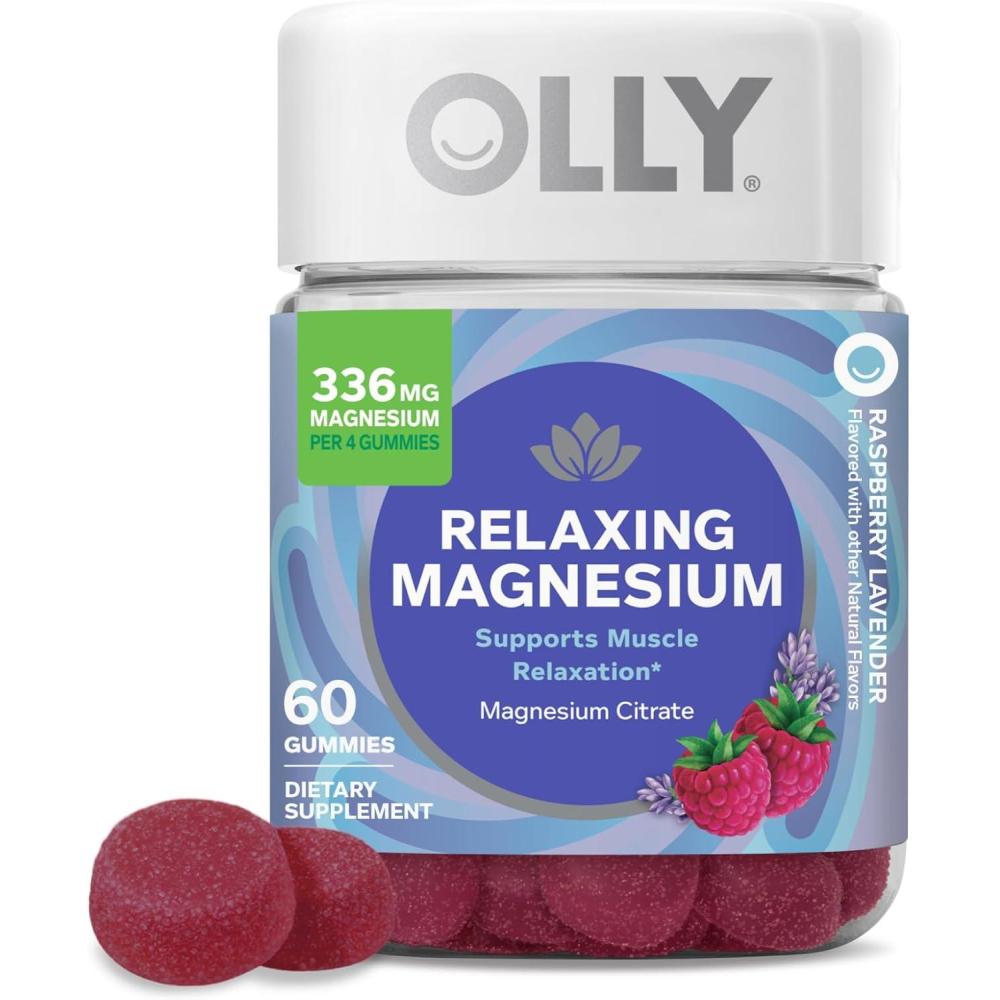 imageOLLY Relaxing Magnesium Gummies Supports Muscle Relaxation Magnesium Citrate Raspberry Lavender Flavor 15 Day Supply  60 CountRaspberry Lavender