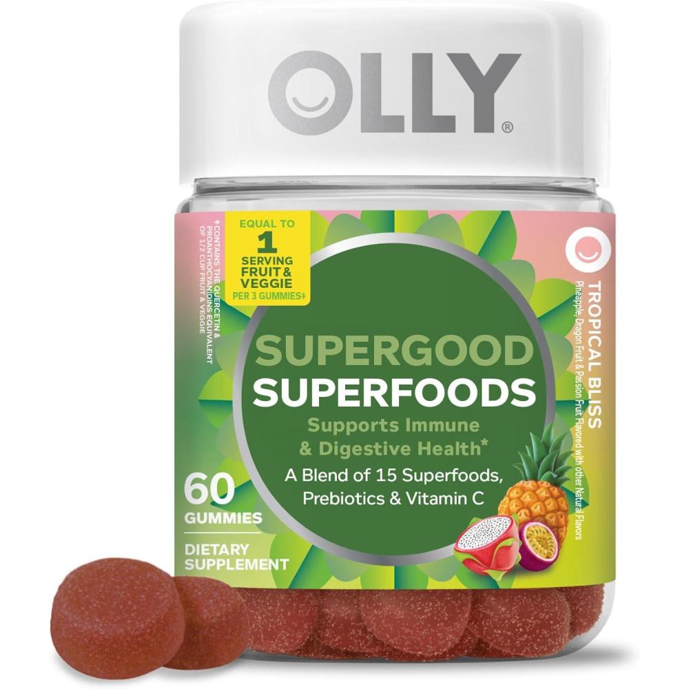 imageOLLY Supergood Superfoods Gummies Supports Immune ampamp Digestive Health 15 Superfoods Prebiotics Vitamin C Tropical Bliss Flavor 20 Day Supply  60 Count