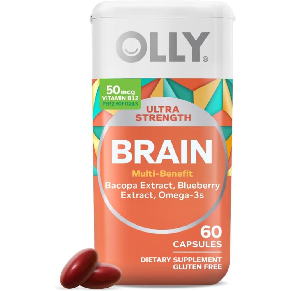 imageOLLY Ultra Strength Brain Softgels Nootropic Supports Healthy Brain Function Memory Focus and Concentration Omega3s Vitamins B6 and B12 30 Day Supply  60 Count1 Count Pack of 60