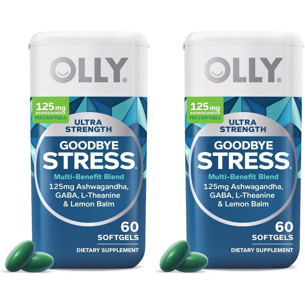 imageOLLY Ultra Strength Goodbye Stress Softgels GABA Ashwagandha LTheanine and Lemon Balm Stress Relief Supplement  60 Count60 Count Pack of 2