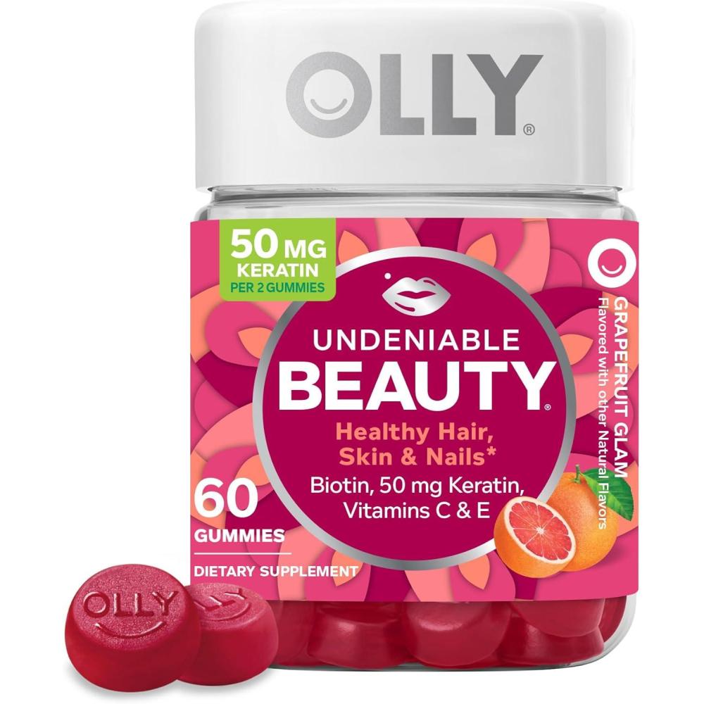 imageOLLY Undeniable Beauty Gummy For Hair Skin Nails Biotin Vitamin C Keratin Chewable Supplement Grapefruit 30 Day Supply  60 Count60 Count Pack of 1