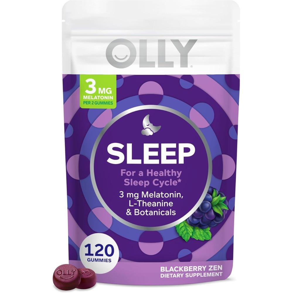 imageOlly Sleep Gummy 3 mg Melatonin LTheanine Chamomile and Lemon Balm Extracts BlackBerry Flavor 60 Day Supply  120 Count120 Count Pack of 1