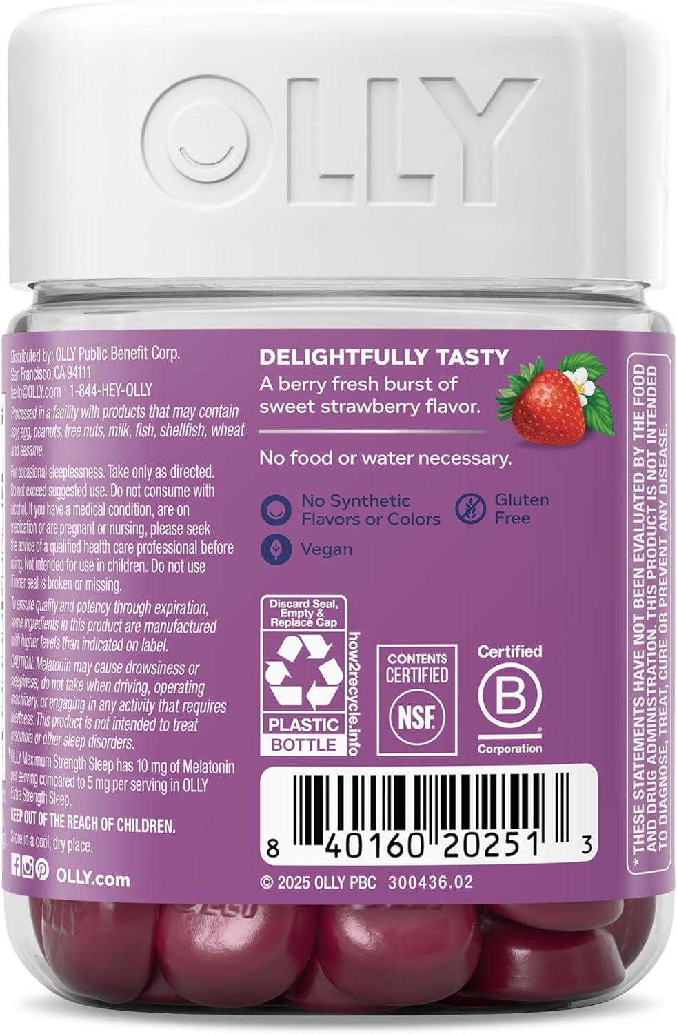 imageOLLY Max Strength Sleep Gummy 10mg Melatonin LTheanine Chamomile Lemon Balm Sugar Free Vegetarian Sleep Aid Strawberry 70 Count50 Count Pack of 1