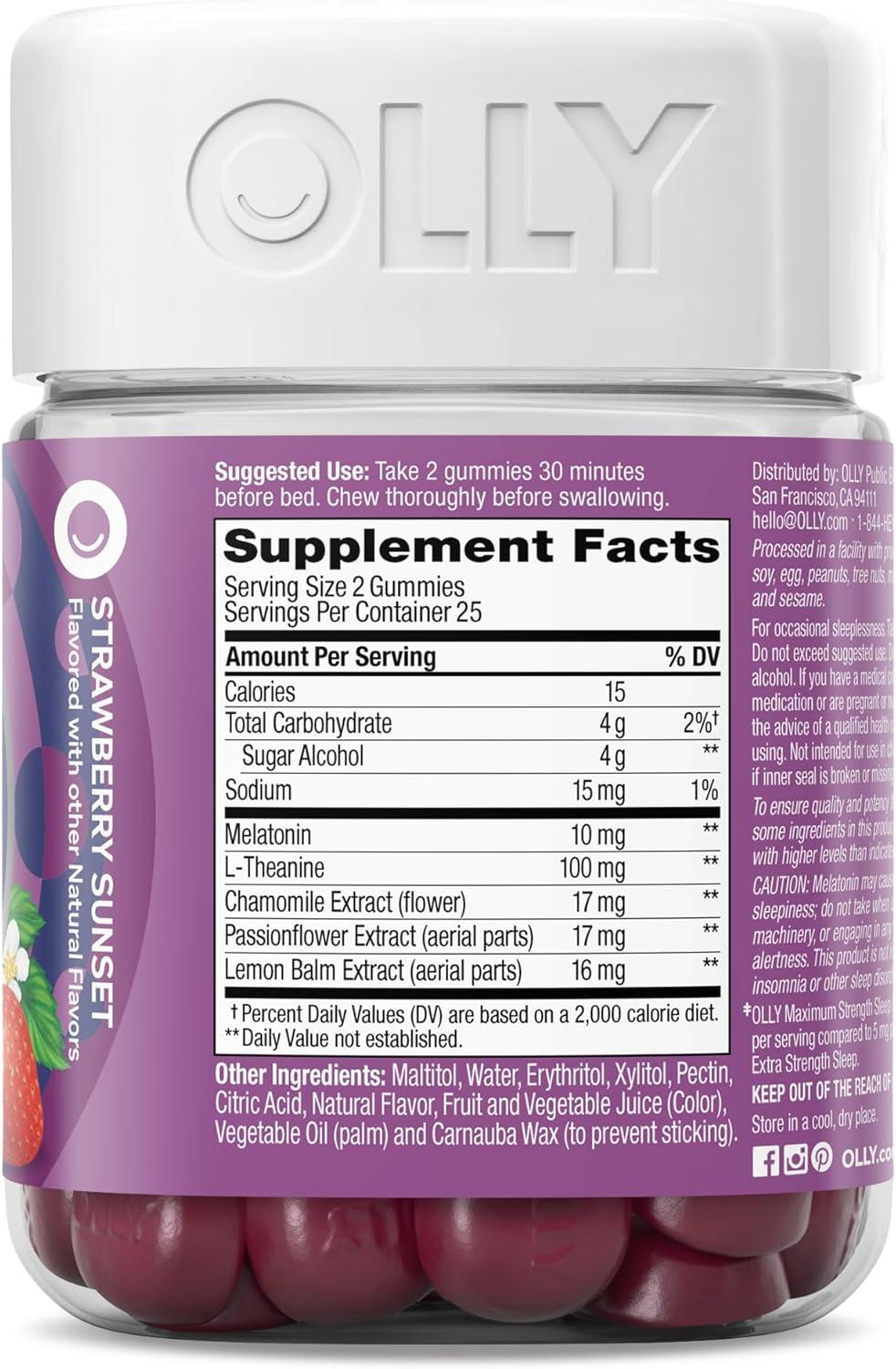 imageOLLY Max Strength Sleep Gummy 10mg Melatonin LTheanine Chamomile Lemon Balm Sugar Free Vegetarian Sleep Aid Strawberry 70 Count50 Count Pack of 1