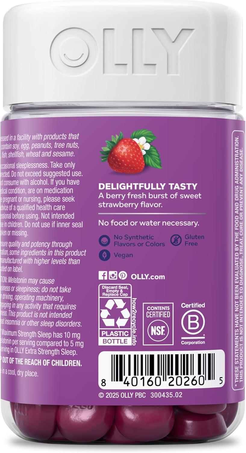 imageOLLY Max Strength Sleep Gummy 10mg Melatonin LTheanine Chamomile Lemon Balm Sugar Free Vegetarian Sleep Aid Strawberry 70 Count70 Count Pack of 1