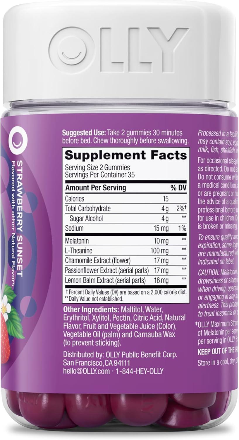 imageOLLY Max Strength Sleep Gummy 10mg Melatonin LTheanine Chamomile Lemon Balm Sugar Free Vegetarian Sleep Aid Strawberry 70 Count70 Count Pack of 1