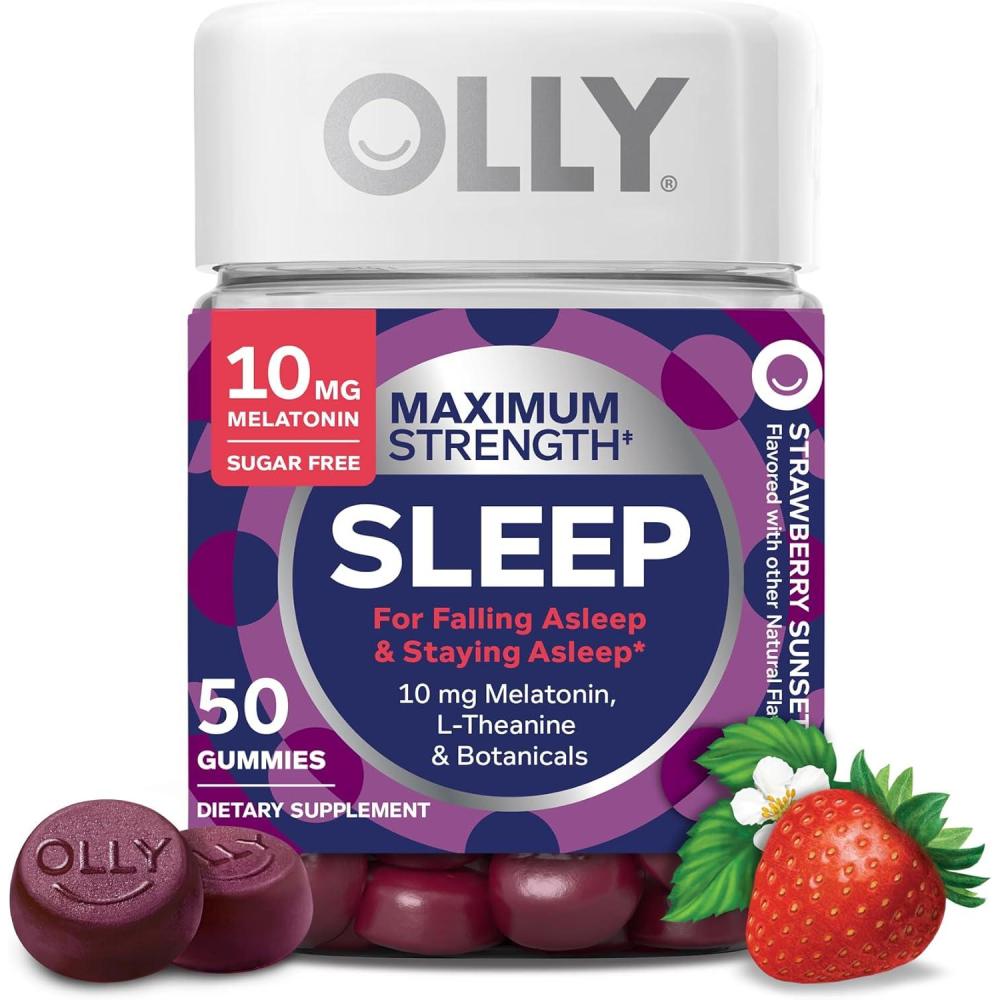 imageOLLY Max Strength Sleep Gummy 10mg Melatonin LTheanine Chamomile Lemon Balm Sugar Free Vegetarian Sleep Aid Strawberry 70 Count50 Count Pack of 1