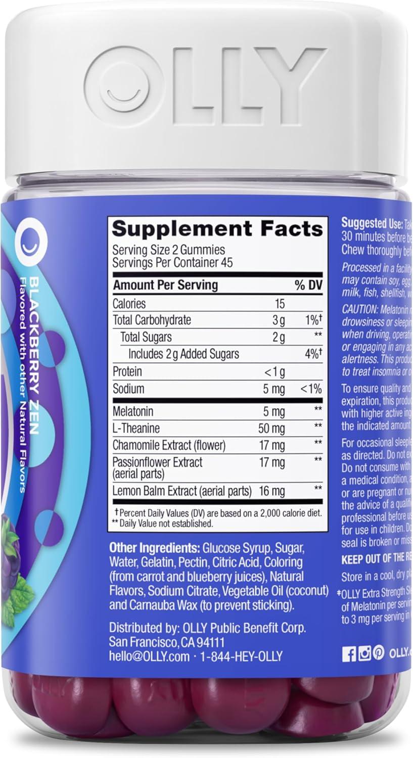 image:imageOLLY Extra Strength Sleep Gummy Occasional Sleep Support 5 mg Melatonin LTheanine Chamomile Lemon Balm Extracts Sleep Aid Blackberry Flavor 70 Count Packaging May Vary90 Count Pack of 1