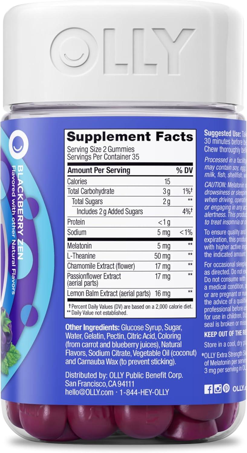 image:imageOLLY Extra Strength Sleep Gummy Occasional Sleep Support 5 mg Melatonin LTheanine Chamomile Lemon Balm Extracts Sleep Aid Blackberry Flavor 70 Count Packaging May Vary70 Count Pack of 1
